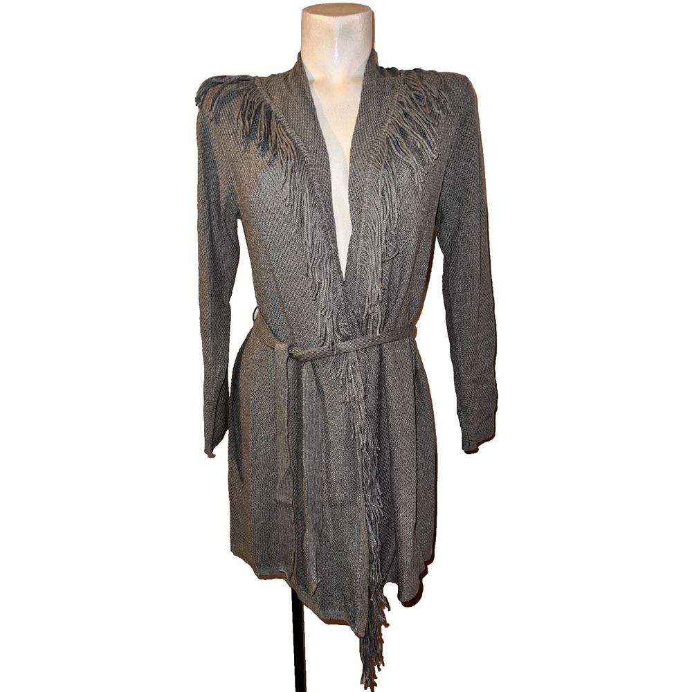 J. Jill Gray Fringe Trim Belted Cardigan Sweater Womens Size XS LS Open Front